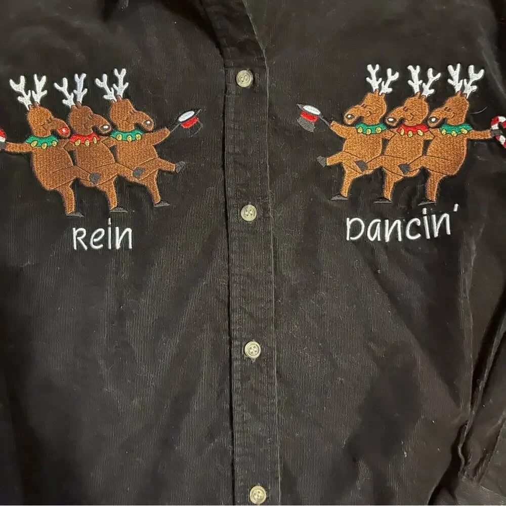 90s Vtg Black Corduroy Christmas Embroidered Reindeer Rein Dancing Blouse S/M - Picture 3 of 6